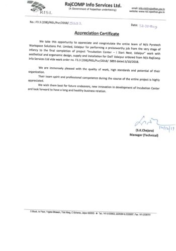 Appreciation Certificate- RISL- Udaipur Incubation_Page_1